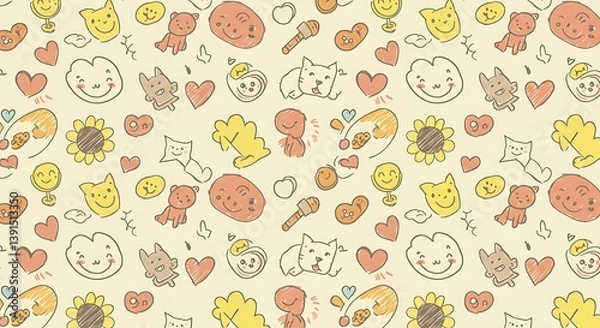 Fototapeta Cute kid scribble doodle icons seamless pattern. Sunflower, heart, cat, dog, rainbow, cloud, smile elements sign and symbols in children drawing style