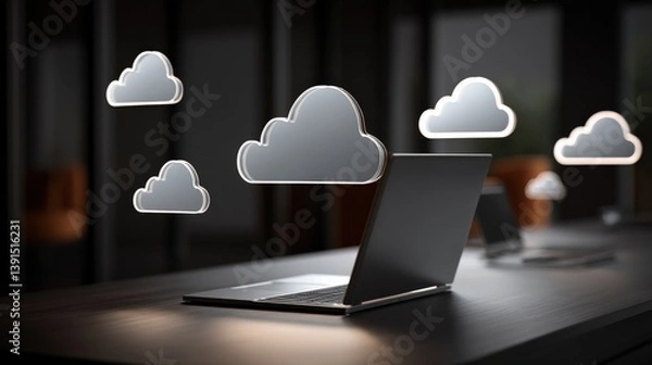 Obraz Laptop Computer and Floating Cloud Icons