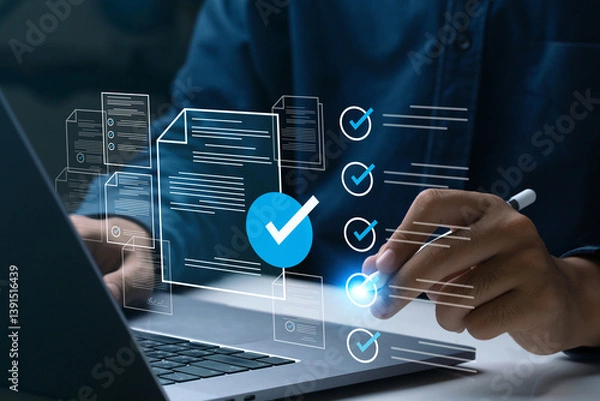 Fototapeta Business performance checklist, Businessman using laptop online survey filling out check digital form task, business performance monitoring and evaluation. online survey question form. online exam.
