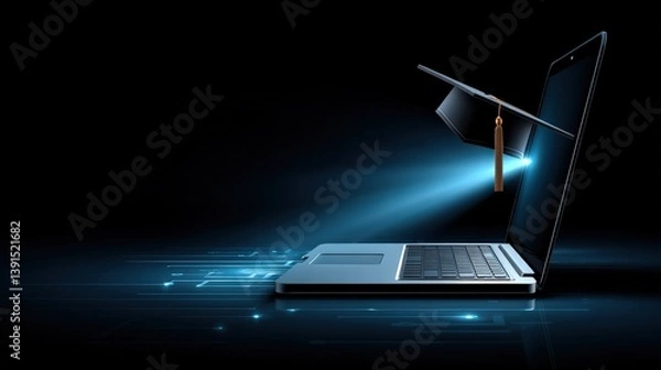 Obraz Laptop with Graduation Cap and Blue Light