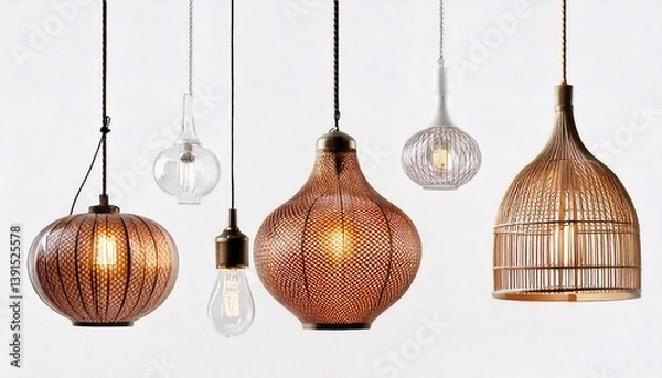 Fototapeta Stylish Ceiling Hanging Lamp Set Collection on Bright White Surface

