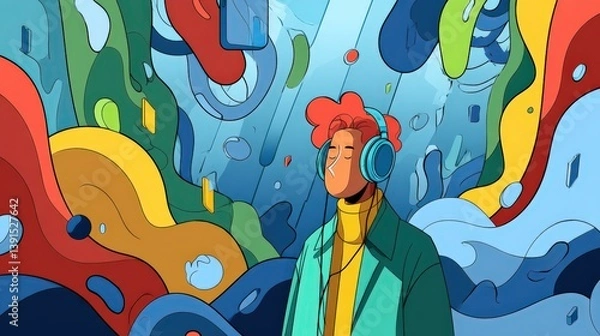 Obraz Man with Headphones and Abstract Shapes Illustration