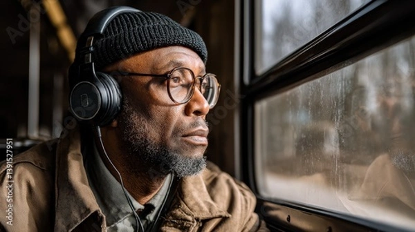 Obraz Man with Headphones Looking out Window