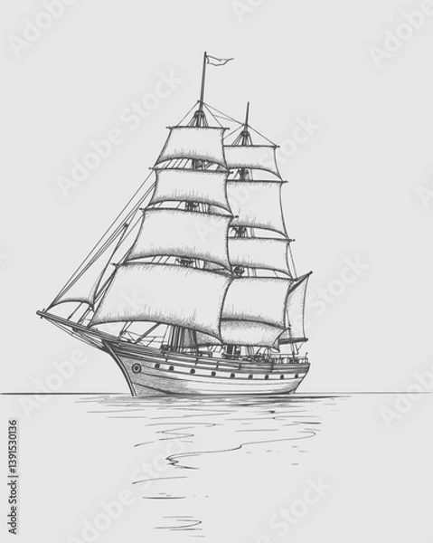Fototapeta Majestic yacht sailing ship with large sails, cruising on the ocean waves, drawn in an engraved, woodcut style sketch vector illustration. Scratch board. Black and white image. EPS 10 version.