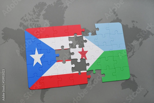 Fototapeta puzzle with the national flag of puerto rico and djibouti on a world map