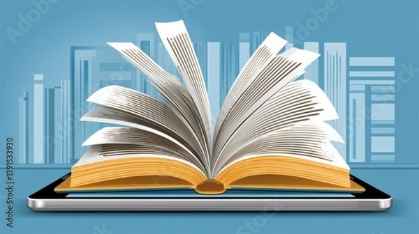 Obraz Open Book on Tablet with Bookshelf Background Illustration