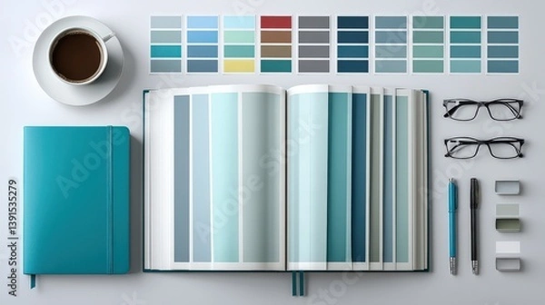 Obraz Overhead View of Books, Color Swatches, Coffee, and Accessories