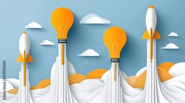 Obraz Paper-Cut Illustration of Rockets and Lightbulbs Launching
