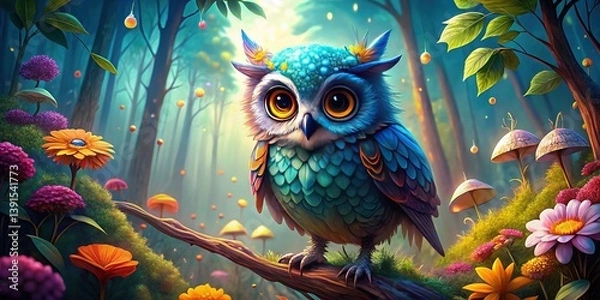 Obraz Whimsical Blue Owl in Enchanted Forest - Magical Fantasy Bird Stock Photo