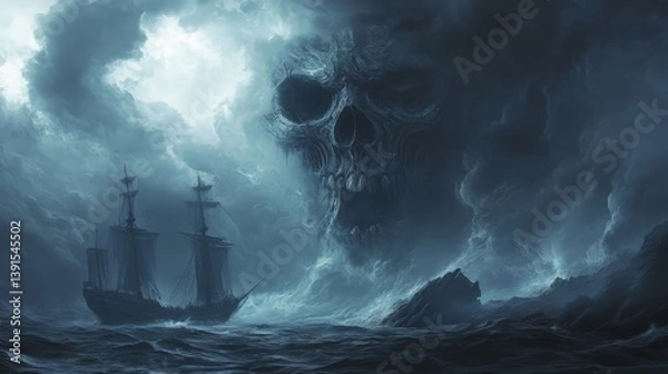 Fototapeta Ghostly skull in stormy seas, sailing ship battling the elements.