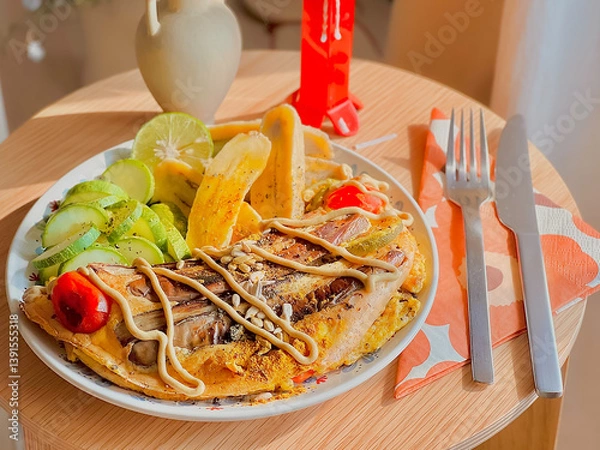 Obraz Eggplant omelette with vegetables for breakfast. Delicious food. Cooking recipes. Bruch menu. Healthy recipes. Easy home cooking. Diet food dish. High Protein.  Breakfast tray.Fluffy omelet. 