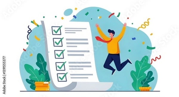 Obraz Task completaion, business illustration ofa man celebrate target achievement 