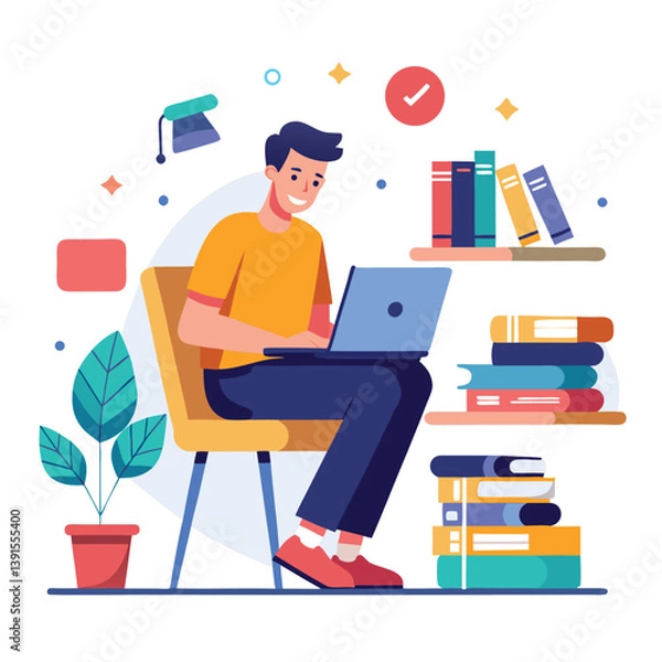 Fototapeta a boy is using his laptop vector