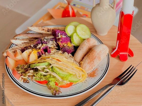 Obraz Eggs wrap with vegetables for breakfast. Morning time. Delicious food. Cooking recipes. Brunch. Healthy recipe. American breakfast. Easy breakfast. First meal. Brunch menu. Diet menu. Favourite dish.