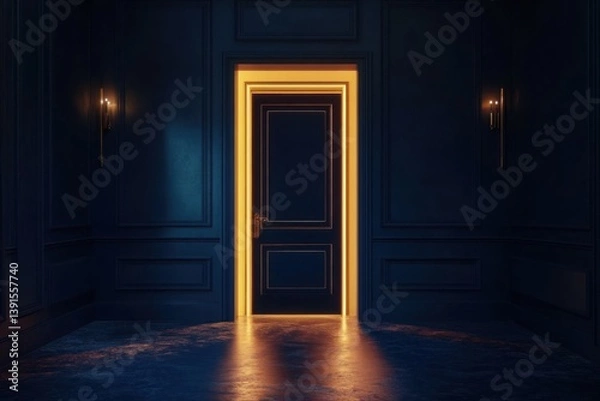 Fototapeta Illuminated door with golden glow in dark room