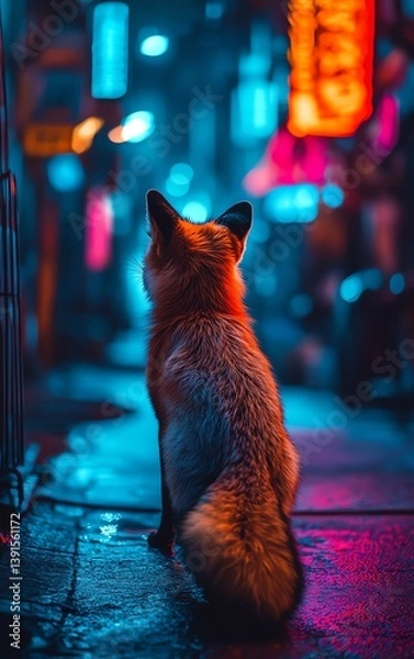 Obraz A lone fox sits in a vibrant, neon-lit city alleyway at night.  Its fur glows under the artificial light.  Urban wildlife, nocturnal scene.