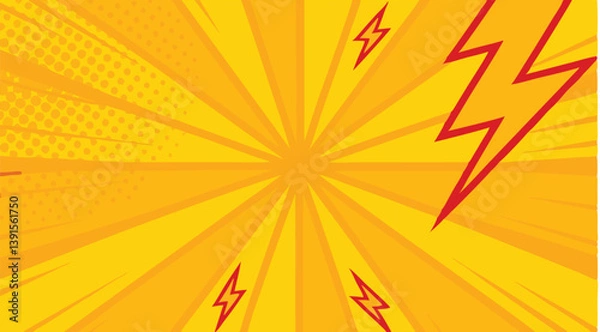 Fototapeta Dynamic Yellow Comic Book Background with Red Lightning Bolts