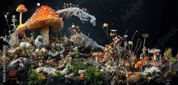 Obraz Enchanted miniature castle nestled in a lush, mossy landscape. Illuminated windows and intricate details create a magical fairytale scene.