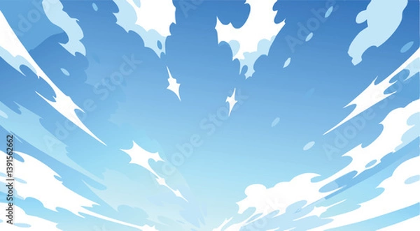 Fototapeta Stylized Sky Background Blue Clouds, White Puffs, Bright Stars