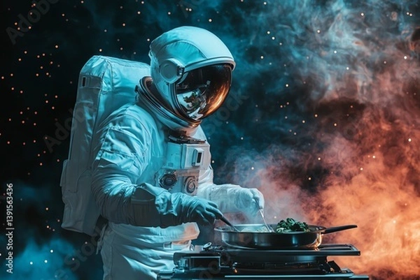Obraz Side view of an astronaut preparing gourmet meals, sleek robotic assistance, vibrant nebula background, culinary innovation in zero gravity