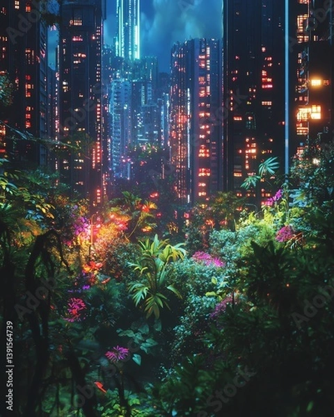 Obraz Tilted angle view of a vibrant urban garden thriving amidst crumbling dystopian skyscrapers, colorful plants flourishing, soft glowing lights in the shadows