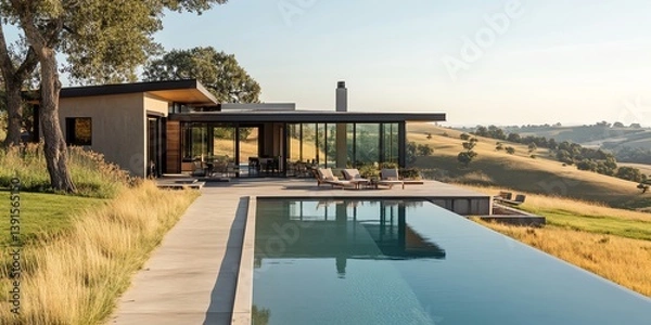 Obraz Tilted angle view of minimalist luxury home, surrounded by serene rural landscapes, elegant simplicity, tranquil colors, modern design elements