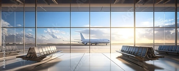 Fototapeta Airport interior with seating and large windows overlooking an airplane on the tarmac.