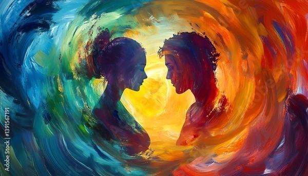 Obraz Worms-eye view, abstract art of a couple sharing stolen glances, vibrant colors swirl around them, emotions alive