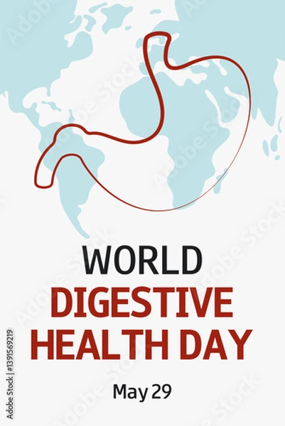 Fototapeta World Digestive Health day. WDHD. May 29. White vertical background with illustration of stomach, world map silhouette and text. Template for medical banner, card, poster.