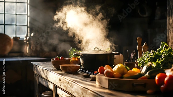 Obraz Rustic Kitchen with Steaming Pot and Fresh Vegetables