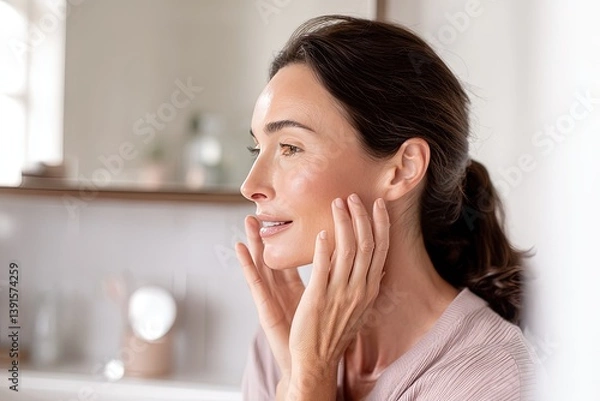 Fototapeta 40 year old Caucasian woman applying moisturizer to her face. Skin beauty and elasticity after 40. The woman treats her skin with care, applying moisturizer to preserve its beauty after turning 40.