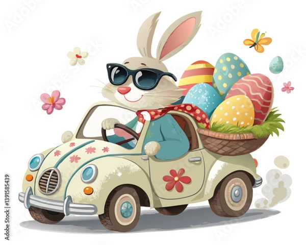Obraz Vector of a funny Easter bunny driving a small car filled with eggs, isolated on white background. For Easter Day.
