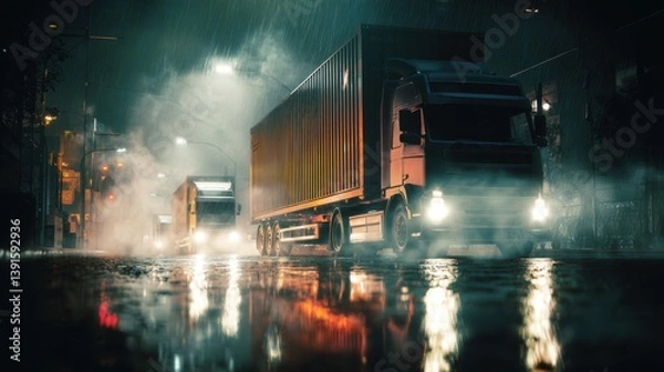 Obraz Hyper-Realistic Nighttime Logistics Scene with Delivery Truck in Rainy Urban Street