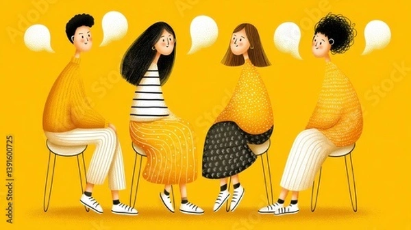 Fototapeta Pixel Art Illustration of Four Young Adults in Conversation on Yellow Chairs