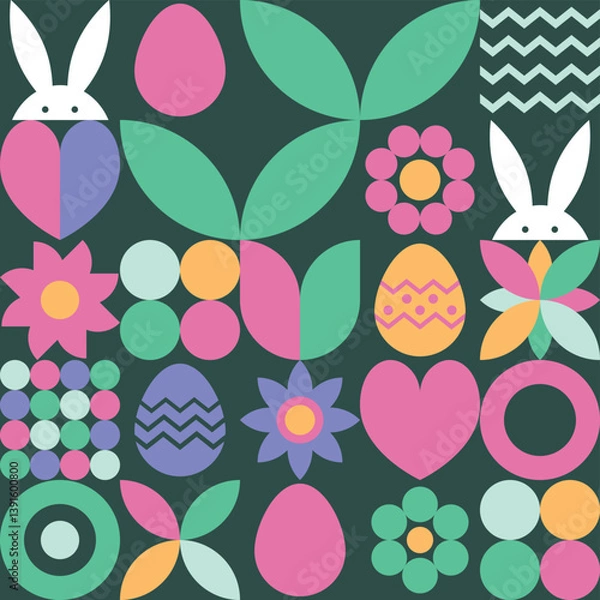 Fototapeta Geometric East background with bunny, egg and flower. Abstract pattern design. Vector illustration