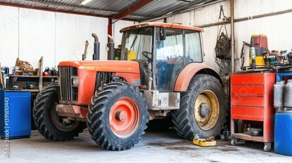 Fototapeta Red Farm Tractor in Agricultural Workshop with Tools and Equipment