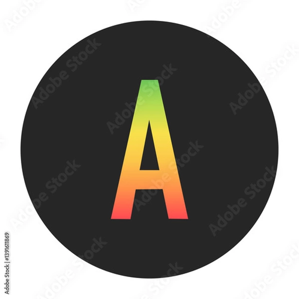 Fototapeta Stylish A Capital letter in gradient hues of green to red inside a solid black circle. Great for modern branding, tech logos, and digital art themes.
