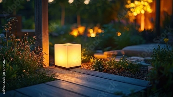 Fototapeta Illuminated cube lantern glowing warmly in a lush nighttime garden creating a magical outdoor ambiance 