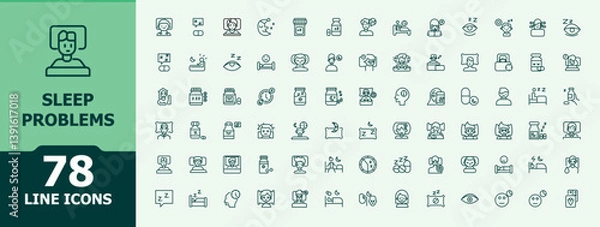 Fototapeta Sleep Problems icon set. Containing bedding, trouble, sleepless, bedtime, insomnia, problem and more. Minimal icons collection. Sleep related icon set. Signs for web and mobile app.