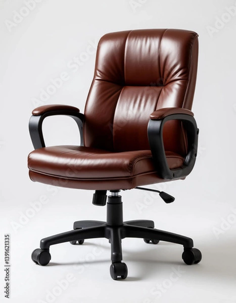 Fototapeta A brown leather office chair with black armrests and wheels, set against a white background, showcasing modern executive seating.