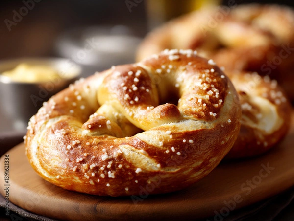 Fototapeta  salty baked pretzel, p: a close-up of a freshly baked pretzel,