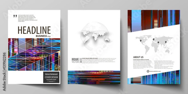 Fototapeta Business templates for brochure, magazine, flyer, annual report. Cover design template, abstract vector layout in A4 size. Glitched background made of colorful pixel mosaic. Trendy glitch backdrop.