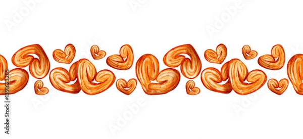 Fototapeta Watercolor illustration of French desserts, palmier and cookies, with a seamless textile pattern design.