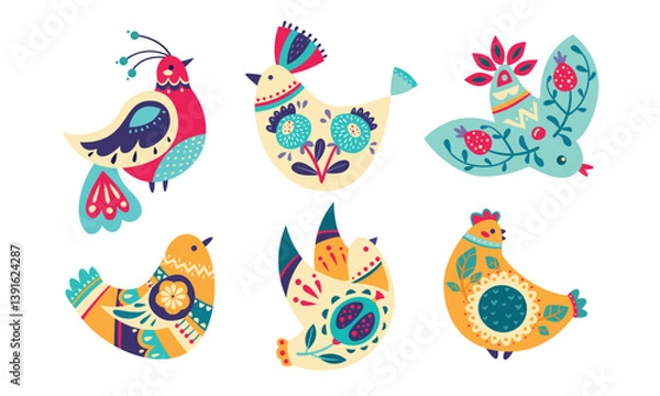 Fototapeta Various Birds with Folk Ornament and Decor Vector Set
