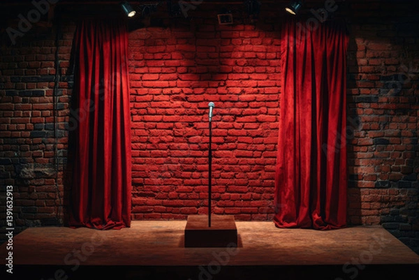 Obraz stage with red curtains and microphone on wooden platform