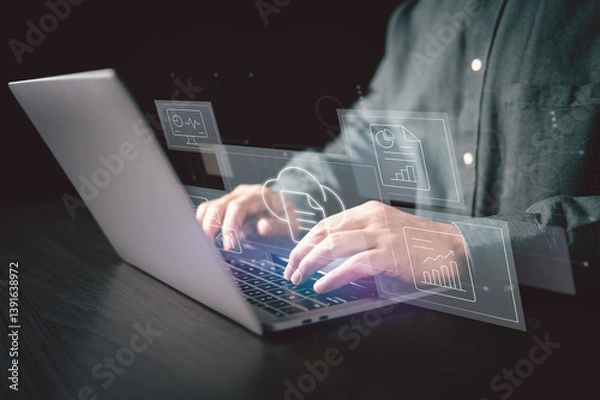 Obraz Business intelligence tools at work. Managing charts, reports, and cloud data.