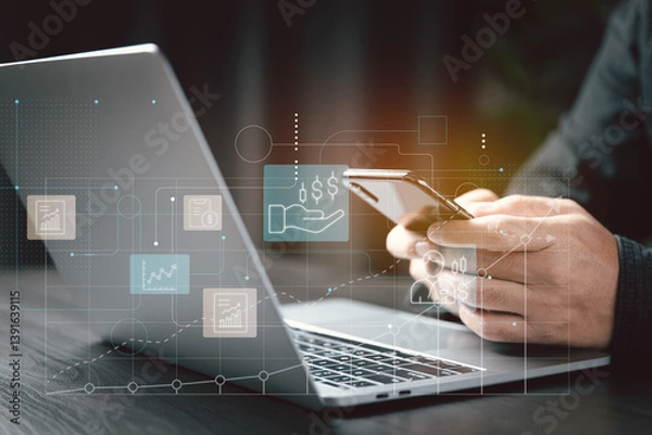Fototapeta Managing analytics, payments, and reports through modern fintech solutions.