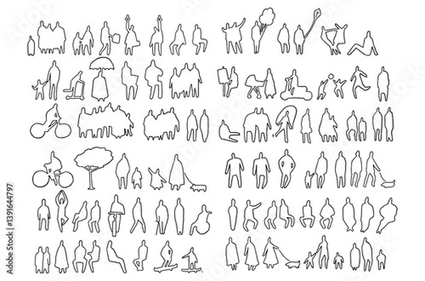 Fototapeta Architectural Drawings, people vector in park out door illustration, Minimal style hand drawn, set elements for architecture and landscape design. Sections, Elevations, Floor Plans.