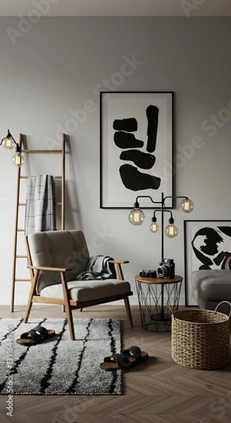 Fototapeta A serene minimalist living room featuring a mid-century modern armchair, stylish lighting, and abstract art, creating a calm and inviting atmosphere with warm wood tones.