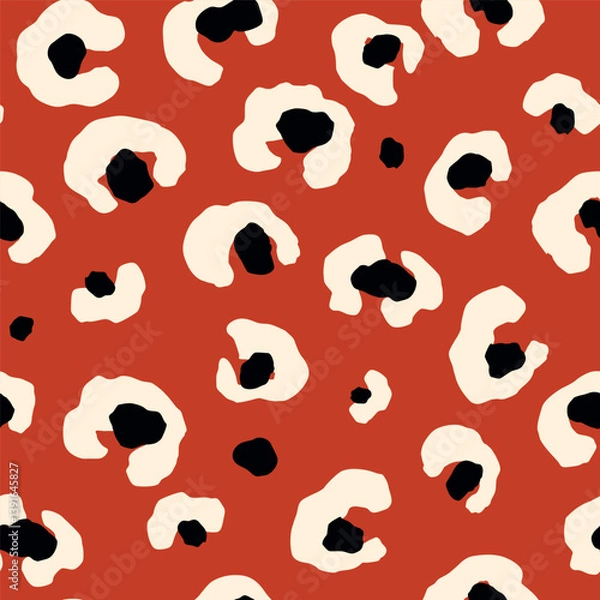 Fototapeta Bold leopard skin seamless pattern. Abstract hand drawn blobs on the red repeat background. Tropical wild print decorated animal skin. Summer vector illustration for surface, fabric, textile design